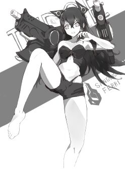 1girl absurdres angry barefoot black_hair fighting_pose girls&#039;_frontline highres judge_(girls&#039;_frontline) long_hair short_shorts shorts solo very_long_hair weapon