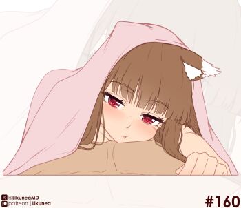 1boy 1girl animal_ears blanket blunt_bangs blush brown_hair commentary english_commentary girl_on_top highres holo likunea long_hair looking_at_viewer lying on_bed patreon_logo patreon_username pillow pink_blanket pov simple_background solo spice_and_wolf twitter_username twitter_x_logo wolf_ears wolf_girl zoom_layer