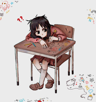 1girl ? ?? azumanga_daiou black_hair brown_eyes brown_shoes chair closed_mouth colored_pencil desk drawing_(action) fffkorobka frown highres kasuga_ayumu loafers long_hair mihama_chiyo&#039;s_father pencil pink_shirt pleated_skirt school_desk shirt shoes sitting skirt socks solo white_background white_socks