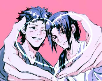 2boys black_hair black_shirt blush closed_mouth commentary curtained_hair heart heart_hands highres male_focus momoyoru1 multiple_boys naruto_(series) naruto_shippuuden parted_lips shirt short_hair symbol-only_commentary teeth uchiha_itachi uchiha_shisui white_shirt yaoi