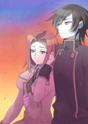 1boy 1girl ashford_academy_school_uniform black_hair blue_eyes code_geass gradient_background hand_around_waist hand_in_own_hair hetero kouzuki_kallen lac. lelouch_vi_britannia light_smile purple_eyes red_hair school_uniform short_hair smile sunset