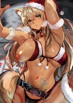 1girl absurdres animal_ear_fluff animal_ears armpits arms_up bare_shoulders bell belt blonde_hair breasts commentary_request dark-skinned_female dark_skin fate/grand_order fate/grand_order_arcade fate_(series) fishnet_thighhighs fishnets fox_ears fox_girl fox_tail fur_trim hat highres jikihatiman large_breasts long_hair looking_at_viewer neck_bell nipples one_breast_out open_mouth red_hat santa_costume santa_hat solo suzuka_gozen_(fate) suzuka_gozen_(santa)_(fate) sweat tail tan thighhighs thighs yellow_eyes