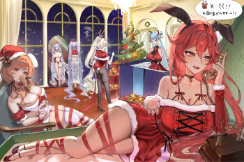 6+girls absurdres alternate_costume ass black_pantyhose blonde_hair box bready_(nikke) breasts christmas christmas_lights christmas_ornaments christmas_tree commentary_request crown_(nikke) dress g4inrin gift gift_box goddess_of_victory:_nikke grey_hair hat highres large_breasts liberalio_(nikke) long_hair lying multiple_girls nayuta_(nikke) orange_eyes pantyhose phone plump red_hair red_hood_(nikke) red_ribbon ribbon rudolph_the_red_nosed_reindeer santa_costume santa_dress santa_hat speech_bubble twintails very_long_hair