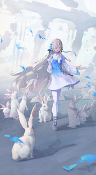 1girl absurdres blue_eyes blue_hair boots commentary_request dress grey_hair hair_over_one_eye highres isekaijoucho kamitsubaki_studio long_hair meiyan_(boyimachao) multicolored_hair open_mouth pantyhose red_eyes solo surreal two-tone_hair very_long_hair virtual_youtuber walking white_pantyhose white_rabbit_(animal)