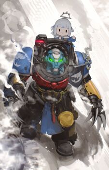 Rule 34 | 1girl, absurdres, adeptus astartes, advarcher, armor, carcharodons, claws, full armor, gauntlets, gawr gura, gawr gura (1st costume), helmet, highres, hololive, hololive english, multicolored hair, pauldrons, power armor, shoulder armor, smoke, streaked hair, terminator armor, virtual youtuber, warhammer 40k, weapon