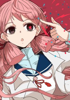 1girl akashi_(kancolle) black_eyes blue_sailor_collar blunt_tresses boushi-ya empty_eyes hair_ribbon kantai_collection lab_coat long_hair misleading_thumbnail open_mouth pink_hair red_background ribbon sailor_collar sailor_shirt school_uniform serafuku shirt solo star_(symbol) star_in_eye symbol_in_eye tress_ribbon upper_body