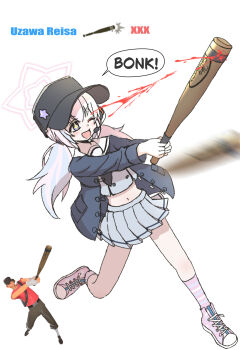 1girl ;d ayo5108 black_jacket blue_archive cosplay earphones full_body grey_shirt grey_skirt halo highres jacket midriff navel one_eye_closed open_mouth pink_hair purple_eyes red_scout_(tf2) reisa_(blue_archive) scout_(tf2) scout_(tf2)_(cosplay) shirt simple_background skirt smile solo team_fortress_2 twintails white_background