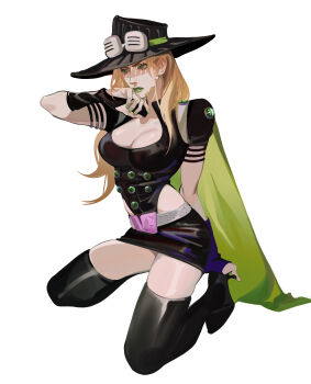 1girl absurdres boots breasts cape commentary cowboy_hat english_commentary genderswap genderswap_(mtf) goggles goggles_on_headwear green_eyes green_lips green_nails gyro_zeppeli hat high_heel_boots high_heels highres jojo_no_kimyou_na_bouken reichio simple_background solo steel_ball_run white_background