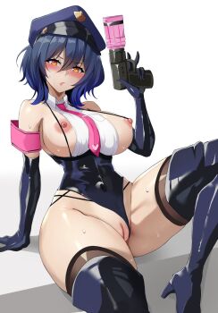 1girl arm_support armband black_boots black_gloves black_leotard blue_hair blush boots breasts breasts_out clothing_aside elbow_gloves gloves grey_thighhighs gun hand_up hat heart heart_print highleg highleg_leotard highres indie_virtual_youtuber lainart large_breasts latex latex_boots latex_gloves leotard leotard_aside looking_at_viewer necktie nipples open_mouth orange_eyes oumiya_emma peaked_cap pink_armband pink_necktie pussy short_hair simple_background sitting smile solo strap thigh_boots thighhighs virtual_youtuber weapon white_background