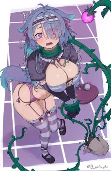 animal_ears bdsm bite_mark bite_mark_on_breast blue_hair blush bondage bound breasts choked cleavage dog_ears dog_girl dog_tail garter_belt highres hypnosis indie_virtual_youtuber knees_together_feet_apart large_breasts leaning_forward looking_at_viewer looking_up m4ns0n maid mary_janes menace_mamaki mind_control open_mouth plant purple_eyes shoes tail thighhighs vines virtual_youtuber