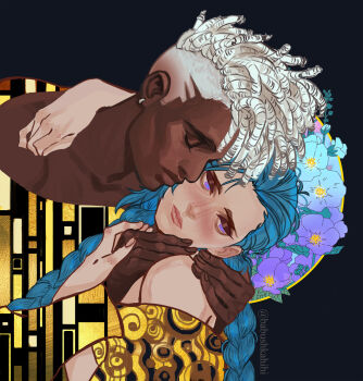 Rule 34 | 1boy, 1girl, arcane: league of legends, arcane jinx, arm around neck, arm around shoulder, babu (babushkahihi), bags under eyes, black background, blue flower, blue hair, blue pupils, braid, closed eyes, couple, dark-skinned male, dark skin, derivative work, dreadlocks, earrings, ekko (league of legends), firelight ekko, flower, forget-me-not (flower), hands on another's shoulder, hetero, highres, jewelry, jinx (league of legends), league of legends, long hair, purple eyes, purple flower, short hair, side cut, single bare shoulder, the kiss, twin braids, twitter username, upper body, white hair