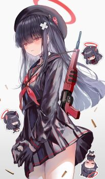 &gt;_&lt; 1girl beret black_choker black_gloves black_hair black_headwear black_sailor_collar black_serafuku black_skirt blue_archive blush bullet choker cowboy_shot gloves gun hair_over_eyes halo hat highres justice_task_force_member_(blue_archive) long_hair long_sleeves multiple_views neckerchief open_mouth pleated_skirt red_eyes red_halo red_neckerchief sailor_collar school_uniform serafuku skirt tears weapon y_o_u_k_a