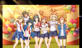 6+girls :d ^_^ akino_komugi arihara_tsubasa arm_up arms_up balloon black_shorts black_thighhighs blue_eyes blue_jacket bow brown_hair cinderella_series closed_eyes closed_mouth clothes_around_waist flag flags_of_all_nations game_cg grin gym_shirt gym_shorts gym_uniform hachigatsu_no_cinderella_nine hachimaki hair_between_eyes hair_bow headband heart_balloon highres hiiragi_kotoha holding holding_flag jacket jacket_around_waist jacket_on_shoulders jumping lens_flare light_rays long_hair long_sleeves looking_at_viewer multiple_girls nakano_ayaka naoe_tayu non-web_source nozaki_yuuki numbered_flag official_art on_grass open_clothes open_jacket open_mouth orange_sky outdoors outstretched_arms red_ribbon ribbon shirt short_sleeves shorts sky smile sparkle sports_festival standing star_balloon string_of_flags sunbeam sunlight suzuki_waka teeth thighhighs track_jacket v v_over_eye white_shirt white_thighhighs yellow_bow