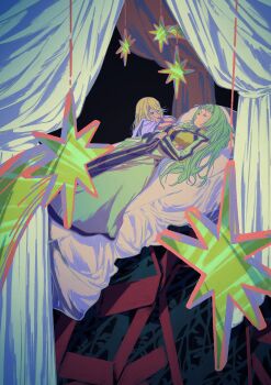 bed black_background black_trim blanket blonde_hair blue_eyes blue_trim blunt_bangs bracelet cleavage_cutout closed_eyes clothing_cutout curtains dress green_dress green_eyes green_hair hair_intakes hamu_nigiri highres jacket jewelry leaning_on_object long_hair martel_(tales) mithos_yggdrasill shirt sleeping star_(symbol) tales_of_(series) tales_of_symphonia white_blanket white_jacket white_shirt