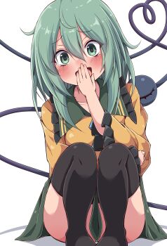 Rule 34 | 1girl, arm across waist, black thighhighs, blouse, blush, buttons, collarbone, commentary request, convenient skirt, diamond button, frilled shirt collar, frilled sleeves, frills, green eyes, green hair, green skirt, hair between eyes, hand to own mouth, heart, heart of string, highres, knees up, komeiji koishi, laughing, long sleeves, looking at viewer, medium hair, no headwear, no shoes, open mouth, shirt, sitting, siw0n, skirt, solo, thighhighs, third eye, touhou, white background, yellow shirt