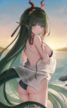 1girl absurdres alternate_costume arknights arknights:_endfield ass back beach bikini black_bikini breasts closed_mouth commentary dragon_horns dragon_tail eastern_dragon_horns eastern_dragon_tail from_behind green_eyes green_hair highres hini_ni horns large_breasts long_hair looking_at_viewer looking_back ocean off_shoulder pointy_ears red_horns see-through_clothes see-through_shirt shirt shoulder_blades solo swimsuit tail wardrobe_malfunction white_shirt zhuang_fangyi_(arknights)
