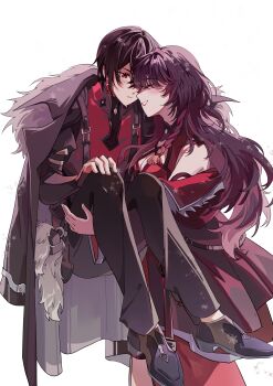 1boy 1girl ^_^ absurdres ayn_alwyn ayn_alwyn_(awakening) bare_shoulders belt_charm black_coat black_hair black_jacket black_pants black_shirt black_shoes braid breasts carrying charm_(object) china_dress chinese_clothes chinese_commentary cleavage closed_eyes closed_mouth coat coat_on_shoulders commentary_request cowboy_shot criss-cross_halter dress earrings facing_another from_side full_body fur-trimmed_coat fur_trim grin hair_between_eyes halterneck hand_on_own_knee heroine_(lovebrush_chronicles) highres jacket jewelry long_sleeves looking_at_another lovebrush_chronicles male_focus off_shoulder official_alternate_costume pants princess_carry profile red_dress red_eyes red_lips red_vest reverse_princess_carry shirt shoes short_hair side_braid simple_background sleeveless sleeveless_dress sleeves_past_wrists smile snowflakes standing suspenders thigh_strap vest white_background zhuo_nian