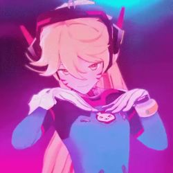 1boy 3d aether_(genshin_impact) animated blonde_hair bodysuit cosplay d.va_(overwatch) facepaint finger_gun genshin_impact gloves headset long_hair overwatch overwatch_1 pink_background racoon_(artist) smile tagme video