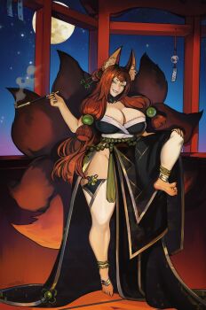 1girl animal_ear_fluff barefoot biting_own_lip black_dress breasts brown_hair cleavage dress facial_mark fox_girl fox_tail full_body full_moon groin highres holding holding_smoking_pipe kitsune kyuubi large_breasts long_hair looking_at_viewer moon multiple_tails nextoad open_mouth original smile smoking smoking_pipe soles solo standing standing_on_one_leg tail toes