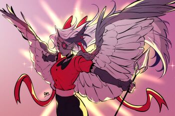 1girl absurdres angel angel_wings backlighting bow colored_skin commentary elbow_gloves eyepatch feathered_wings fingerless_gloves gloves grey_hair grey_skin grey_wings hair_bow hazbin_hotel hellaverse highres holding holding_polearm holding_weapon long_hair outstretched_arms parted_lips polearm raccoon_404 red_bow solo spear symbol-only_commentary vaggie very_long_hair weapon wings