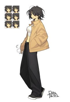 1girl 2026 absurdres antenna_hair black_eyes black_hair black_pants black_shoes brown_jacket cigarette closed_eyes commentary confused dated english_commentary expression_chart hand_in_pocket happy highres holding holding_cigarette jacket kp5975 long_neck looking_at_viewer looking_to_the_side medium_hair messy_hair navel original pants shoes signature skeptical smile smoking solo tomboy white_background