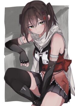 black_gloves black_neckerchief black_skirt black_thighhighs brown_eyes brown_hair buttons closed_mouth commentary_request double-breasted elbow_gloves fingerless_gloves gloves highres kantai_collection looking_at_viewer miron_(mirona33) neckerchief pleated_skirt scarf sendai_(kancolle) sendai_kai_ni_(kancolle) shirt short_hair skirt sleeveless sleeveless_shirt thighhighs twitter_username two_side_up white_scarf