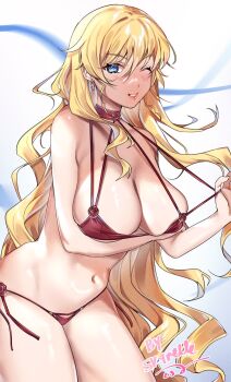 1girl alternate_hairstyle artist_name bikini bikini_pull blonde_hair blue_eyes blush breasts claire_harvey cleavage clothes_pull drill_hair earrings highres hundred_(light_novel) jewelry large_breasts legs long_hair looking_at_viewer navel one_eye_closed pink_lips pulling_own_clothes red_bikini smile solo swimsuit teasing thighs thong_bikini very_long_hair wink