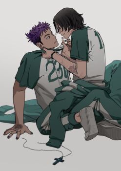 2boys black_hair boy_on_top buzz_cut clothes_grab commentary_request cross_pendant grabbing_another's_shirt green_shirt green_track_suit highres knees_up looking_at_another male_focus multiple_boys nam-gyu print_shirt purple_hair shirt short_hair sitting sitting_on_lap sitting_on_person squid_game thanos_(squid_game) track_suit two-tone_shirt uxjaw9kk7171352 very_short_hair yaoi