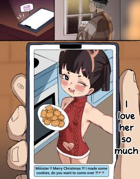 1boy 1girl age_difference animal_ears antlers black_hair blush cellphone christmas cookie cream dress fake_animal_ears food hair_ornament hairclip highres horns kitavana loli one_eye_closed original phone pussy sexually_suggestive smartphone sweater sweater_dress text_messaging twintails virgin_killer_sweater