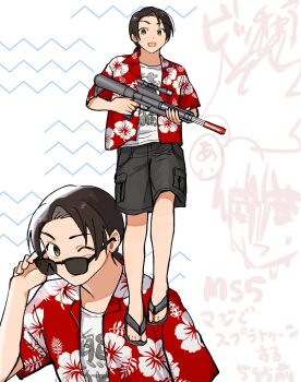 1boy axis_powers_hetalia black-framed_eyewear black_shorts brown_eyes brown_hair china_(hetalia) closed_mouth clothes_writing collared_shirt floral_print full_body grey_slippers hand_up hands_up hawaiian_shirt highres holding holding_water_gun itohen_1106 long_hair looking_at_viewer low_ponytail male_focus multiple_views one_eye_closed open_clothes open_mouth open_shirt pocket ponytail red_shirt shirt shorts slippers smile standing sunglasses t-shirt upper_body water_gun waves white_background white_shirt