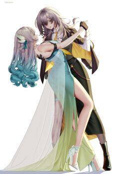 2girls absurdres alternate_costume ankle_boots artist_name black_boots black_gloves black_skirt black_vest boots collared_shirt commentary dancing dress elbow_gloves firefly_(honkai:_star_rail) full_body gloves gradient_clothes gradient_dress gradient_hair green_dress green_hair grey_hair hand_on_another's_back high_heels highres honkai:_star_rail honkai_(series) jacket jacket_on_shoulders long_dress long_hair long_skirt long_sleeves looking_at_another multicolored_hair multiple_girls necktie parted_lips purple_eyes shirt shoes simple_background skirt smile standing stelle_(honkai:_star_rail) suit_jacket torusava trailblazer_(honkai:_star_rail) two-sided_fabric two-sided_jacket two-tone_hair vest white_background white_gloves white_shirt white_shoes yellow_eyes yellow_necktie yuri