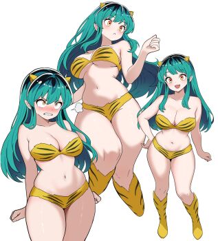 1girl :d angry bare_arms bare_legs blush clenched_teeth green_hair hand_on_own_hip highres ishinabe_art long_hair lum multiple_views open_mouth pointy_ears smile solo teeth thick_thighs thighs urusei_yatsura