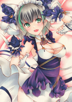 1girl animal_ears apron azur_lane black_gloves black_hair breasts cheshire_(azur_lane) cleavage detached_sleeves fake_animal_ears fang frilled_hairband frills garter_straps gloves green_eyes green_streaks hairband highres long_ribbon maid_headdress marker_(medium) medium_breasts medium_hair multicolored_hair open_mouth puffy_detached_sleeves puffy_short_sleeves puffy_sleeves purple_apron saya_pr short_sleeves skin_fang solo streaked_hair traditional_media white_garter_straps wrist_cuffs