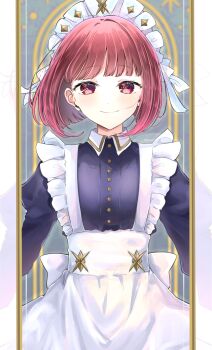 1girl apron arima_kana black_dress blush bob_cut closed_mouth dress frilled_apron frills highres inverted_bob long_sleeves maid maid_apron maid_headdress oshi_no_ko red_eyes red_hair risdelusions short_hair smile solo white_apron