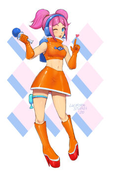 1girl blue_eyes boots commentary crop_top cyber_fashion energy_gun english_commentary gloves headset highres holding holding_microphone kaphrin microphone midriff orange_boots orange_gloves pink_hair ray_gun retrofuturism space_channel_5 twintails ulala weapon
