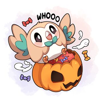 Rule 34 | absurdres, animal focus, beak, bird, blue eyes, blush, candy, food, gen 7 pokemon, halloween bucket, highres, nintendo, no humans, open mouth, owl, pokemon, pokemon (creature), pokemon focus, rowlet, sevi (seviyummy), smile, talons, wings