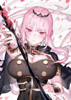 1girl absurdres black_cape black_dress black_tiara blush bracer breasts cape cleavage dress fingernails hand_to_weapon highres hololive hololive_english kamiya_maneki large_breasts long_hair looking_at_viewer mori_calliope mori_calliope_(1st_costume) nail_polish parted_lips petals pink_eyes pink_hair pink_nails scythe see-through_clothes see-through_veil signature solo tiara twitter_username veil virtual_youtuber white_background white_veil