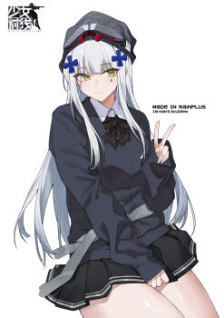 Rule 34 | 1girl, absurdres, alternate costume, black bow, black bowtie, black hat, black jacket, black skirt, bow, bowtie, clukay (neural cloud), collared shirt, commentary, copyright logo, copyright name, cross hair ornament, english text, girls' frontline, girls' frontline neural cloud, green eyes, hair ornament, hat, highres, hk416 (girls' frontline), jacket, logo, long hair, looking at viewer, pleated skirt, school, shirt, simple background, skirt, solo, tattoo, teardrop facial mark, teardrop tattoo, v, white background, white hair, white shirt, yu-ting rainplus