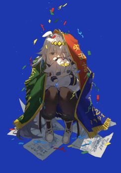 1girl ahoge animal_ears black_pantyhose blue_background blue_eyes blue_sailor_collar blue_skirt boots character_doll commentary confetti crab-san doll ear_ornament english_commentary grey_hair grey_tail hair_between_eyes hair_ornament hairband holding holding_doll horse_ears horse_girl horse_tail hugging_doll hugging_object jacket long_hair long_sleeves looking_at_viewer neckerchief newspaper oguri_cap_(starlight_beat)_(umamusume) oguri_cap_(umamusume) pantyhose red_neckerchief sailor_collar shirt skirt solo squatting tail umamusume white_boots white_jacket white_shirt