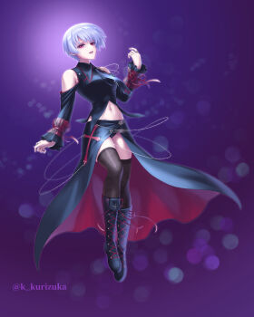 1girl absurdres bare_shoulders belt black_cape black_panties black_thighhighs blue_hair boots breasts cape chaos;head clothing_cutout commentary_request cross cross_print earrings floating_clothes full_body goth_fashion gothic_punk grin highres jewelry kishimoto_ayase kishimoto_ayase_(fes) lace-up_boots looking_at_viewer makeup mascara multiple_rings navel panties parted_lips phantasm pink_eyes poet_sleeves purple_lips revision ring robber-krzk science_adventure short_hair shoulder_cutout small_breasts smile solo stomach stomach_cutout thighhighs underwear