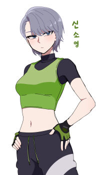 1girl absurdres badass_girl:_run_hany black_pants blue_eyes breasts commentary_request cowboy_shot crop_top cropped_shirt expressionless eyebrows_hidden_by_hair fingerless_gloves frown galois gloves grey_hair hands_on_own_hips highres korean_commentary korean_text medium_breasts midriff multicolored_gloves navel pants run_hany shirt short_hair solo sweatpants translation_request turtleneck turtleneck_shirt two-tone_gloves