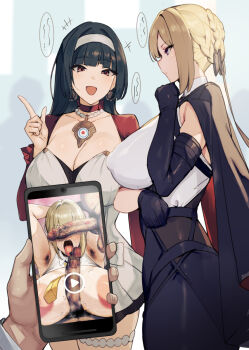2girls armpit_hair astra_yao bikkii black_hair blonde_hair braid breasts cellphone cleavage commentary_request evelyn_chevalier group_sex hairband highres huge_breasts juxtaposition mmf_threesome multiple_girls open_mouth paizuri penis penis_on_face penis_over_eyes phone pov smartphone talking threesome zenless_zone_zero