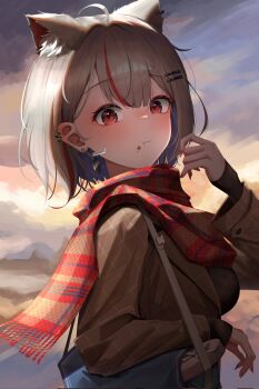 1girl :t ahoge animal_ear_fluff animal_ears bag black_sweater blush bob_cut breasts brown_jacket cat_ears cat_girl closed_mouth commentary_request corrupted_twitter_file double-parted_bangs ear_piercing earrings evening food food_on_face grey_hair hair_ornament hairclip hand_up highres jacket jewelry kazuhi5214 korean_commentary large_breasts layered_sleeves long_sleeves looking_at_viewer looking_to_the_side multicolored_hair multicolored_scarf neneko_mashiro outdoors parallel_hairclips piercing plaid_clothes plaid_scarf red_eyes ribbed_sweater scarf short_hair shoulder_bag sleeves_past_wrists solo stellive streaked_hair sweater turning_head upper_body virtual_youtuber