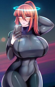 1girl absurdres alternate_breast_size_(larger) arm_behind_head black_bodysuit black_nails blue_halo bodysuit cellphone colored_extremities commentary cosplay cowboy_shot curvy ferdinandusdart fingernails freckles glowing glowing_halo hair_between_eyes halo high_ponytail highres holding holding_phone long_hair metroid nail_polish nintendo parted_lips phone ponytail red_hair samus_aran samus_aran_(cosplay) selfie skin_tight smartphone solid_eyes solo sweetie_doll_(character) symbol-only_commentary white_eyes wide_hips zero_suit