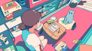 1girl absurdly_detailed_composition akabane_1999 animal blue_eyes brown_hair cat coffee commentary_request computer controller crt cup cushion fisheye game_console game_controller grey_cat hair_bun highres indoors laptop liquid loaded_interior long_sleeves looking_at_another mug nintendo_64 original papers pen pencil_case pet_toy seiza shirt sitting slice_of_life slippers solo television white_shirt