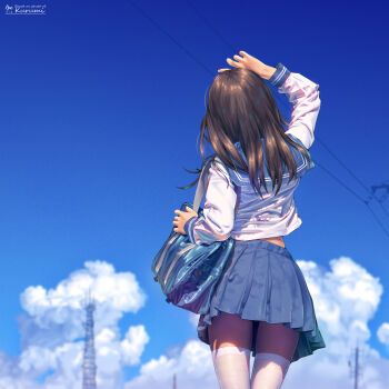 1girl a.x. absurdres arm_up artist_name bag blue_skirt blue_sky brown_hair cloud commentary_request dated english_text highres long_hair original outdoors photo-referenced pleated_skirt school_uniform serafuku skirt sky solo thighhighs white_thighhighs
