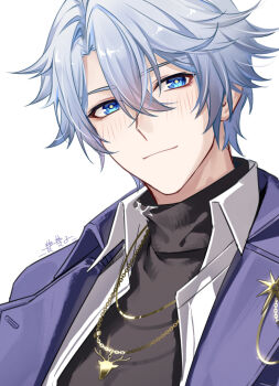 1boy antenna_hair black_sweater blue_coat blue_eyes blush chinese_commentary coat collared_shirt commentary_request gold_necklace honkai:_star_rail honkai_(series) jewelry looking_at_viewer male_focus necklace o8622 official_alternate_costume parted_bangs phainon_(honkai:_star_rail) phainon_(luckin_coffee)_(honkai:_star_rail) shirt short_hair simple_background solo sweater turtleneck turtleneck_sweater white_background white_hair white_shirt