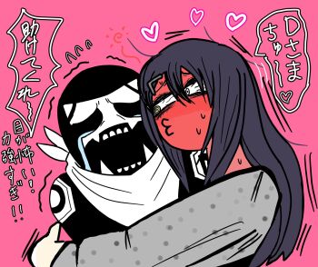 black_hair blush crying embarrassed full-face_blush hair_ornament hairclip heart_(symbol) heterochromia highres hug japanese_text kiss looking_at_another open_mouth pink_background sentai_daishikkaku sentouin_d speech_bubble sweatdrop usukubo_angel white_eyes yellow_eyes