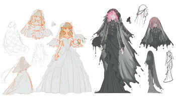 Rule 34 | 1girl, 1other, androgynous, black dress, black flower, black rose, black veil, blonde hair, blue eyes, blush, bouquet, bridal veil, bride, bytepilled, closed mouth, commentary, crona (soul eater), cross, cross earrings, dress, earrings, feathered wings, flower, full body, green eyes, hair between eyes, head wings, highres, holding, holding bouquet, jewelry, lace, lace shirt, lace sleeves, lace veil, lily (flower), long hair, looking at viewer, maka albarn, multiple views, pink hair, rose, short hair, simple background, single earring, sketch inset, smile, soul eater, veil, wedding, wedding dress, white background, white dress, white veil, wings