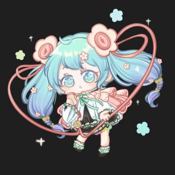 1girl :o animated animated_gif black_background black_dress black_shoes blue_eyes blue_hair bow bowtie braid cape chibi chinese_commentary commentary_request dress eyelashes floating_hair flower food frilled_cape frilled_dress frilled_shoes frilled_sleeves frilled_socks frills gradient_hair green_bow green_bowtie hair_flower hair_ornament hair_ribbon hair_tie hatsune_miku holding holding_food jacket long_hair long_sleeves looking_at_viewer looping_animation low-tied_long_hair magical_mirai_(vocaloid) magical_mirai_miku magical_mirai_miku_(2021) multicolored_hair offering_hand open_clothes open_jacket open_mouth pink_cape pink_ribbon pleated_sleeves ribbon ribbon-trimmed_dress ribbon-trimmed_socks ribbon_trim shoes short_dress simple_background sleeves_past_wrists socks solo sparkle star_(symbol) star_in_eye symbol_in_eye tareme twin_braids twintails very_long_hair vocaloid white_flower white_jacket white_socks xiaoyu_qixing